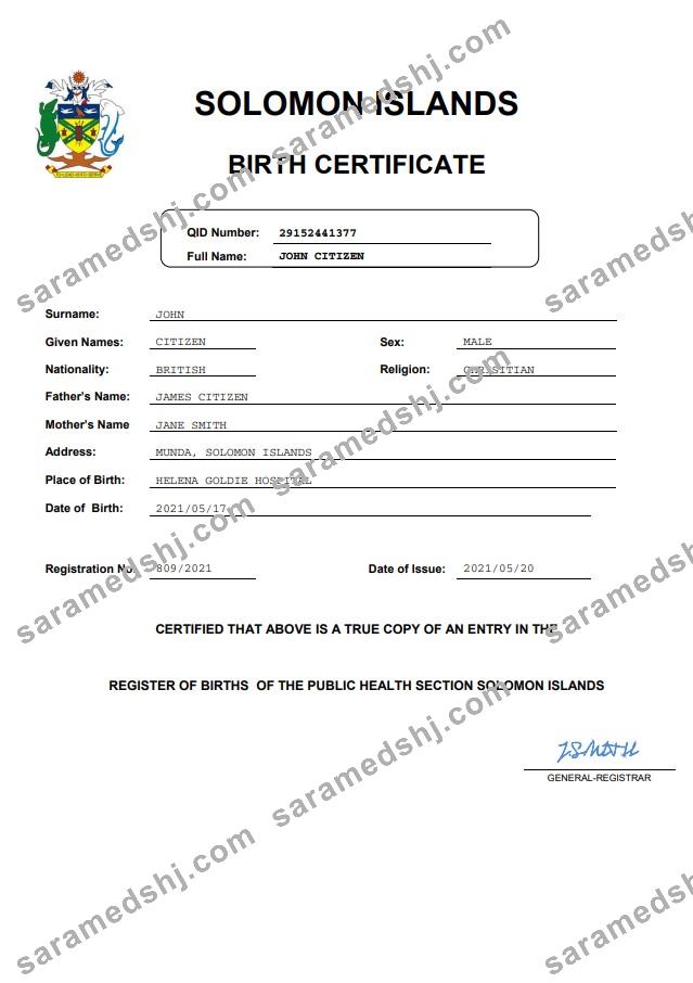Solomon Islands vital record birth certificate Word and PDF template